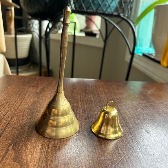 2 Vintage Brass Dinner Bells one w/ long Handle - Picture 1 of 7